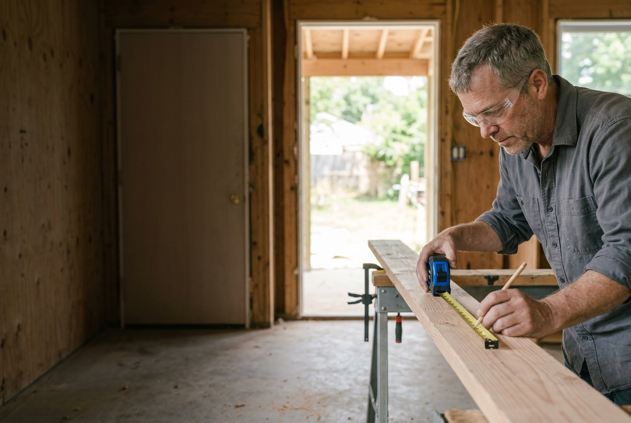 Carpenter measuring and marking lumber at a residential construction site