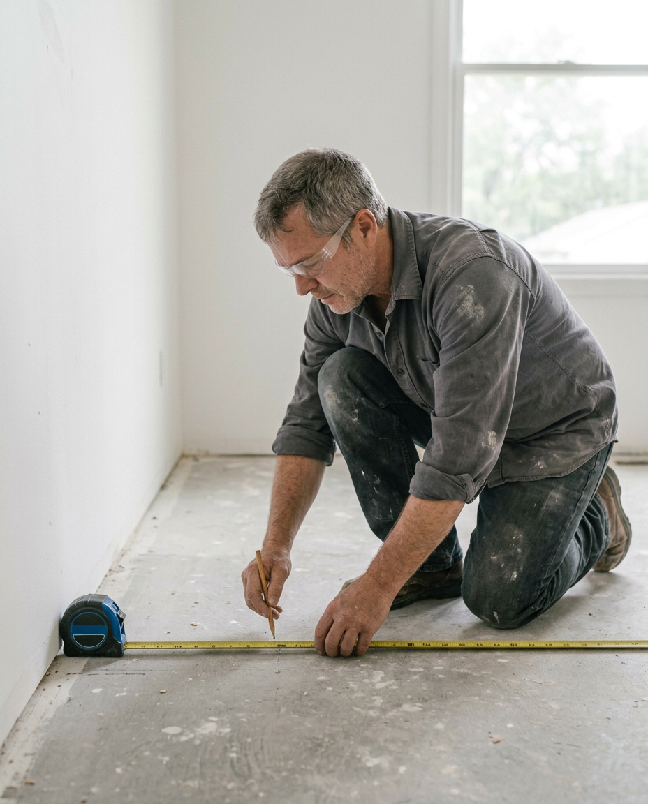 Finish carpenter measuring floor space for cabinetry