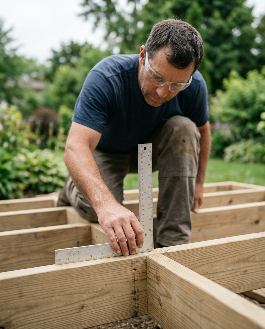 Carpenter checking deck joist alignment with a try square