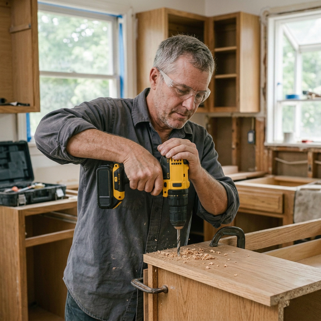 Cabinet installer drilling a pilot hole into a clamped oak panel in a kitchen renovation