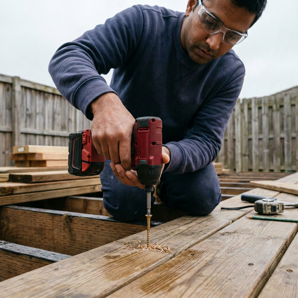 Deck builder using an impact driver and steel driver bit to fasten an outdoor deck board