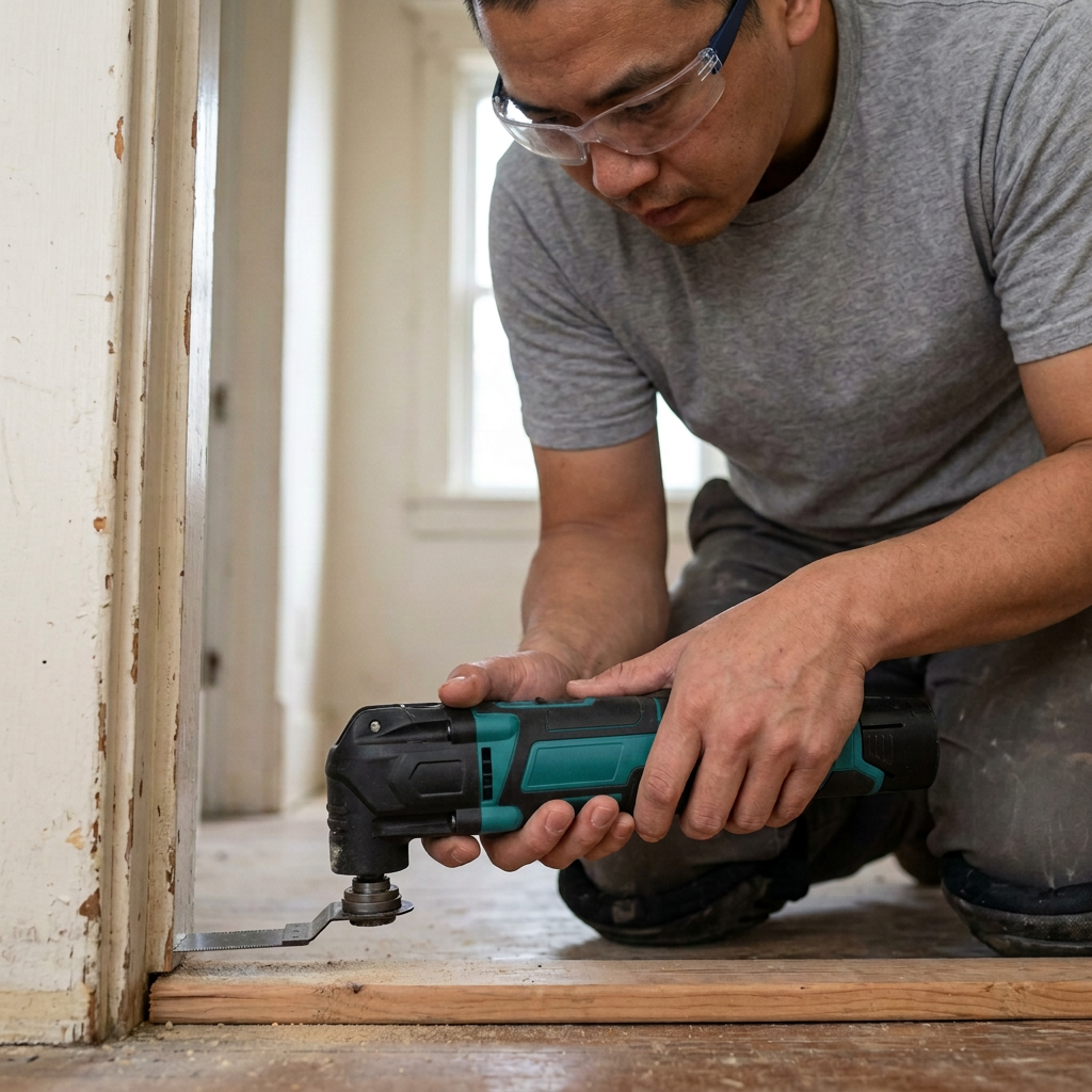 Finish carpenter using an oscillating blade to trim a door jamb for new flooring