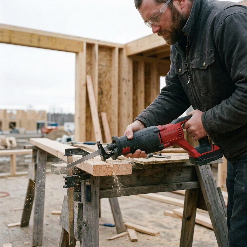 Carpenter using a reciprocating saw blade to cut clamped timber at a framing site