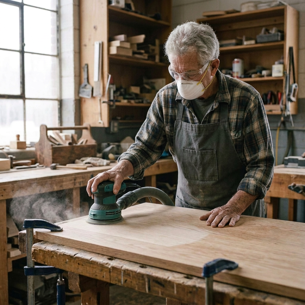 Furniture restorer smoothing a clamped oak tabletop with a random orbital sanding pad