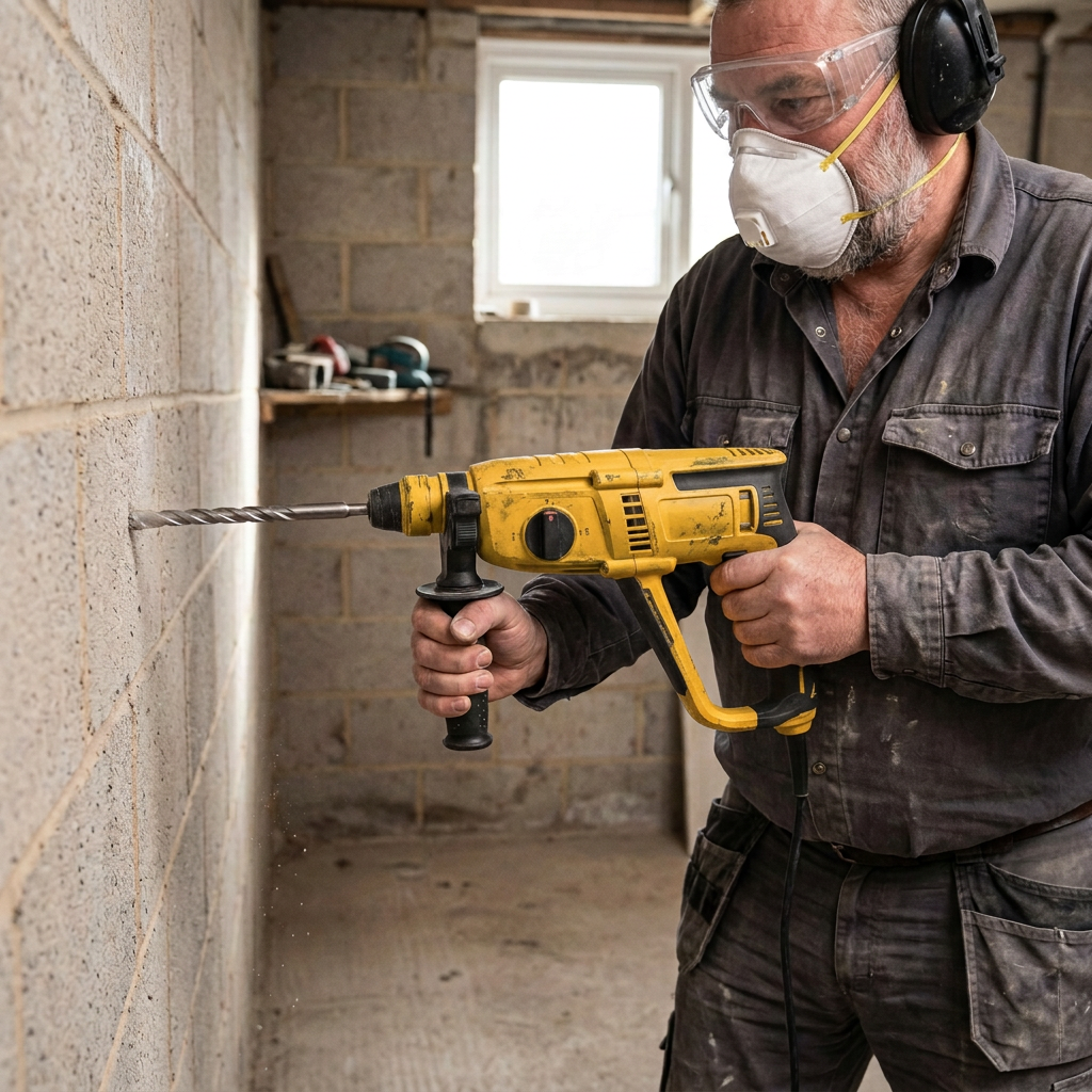 Contractor using a rotary hammer and masonry bit to drill a concrete block wall