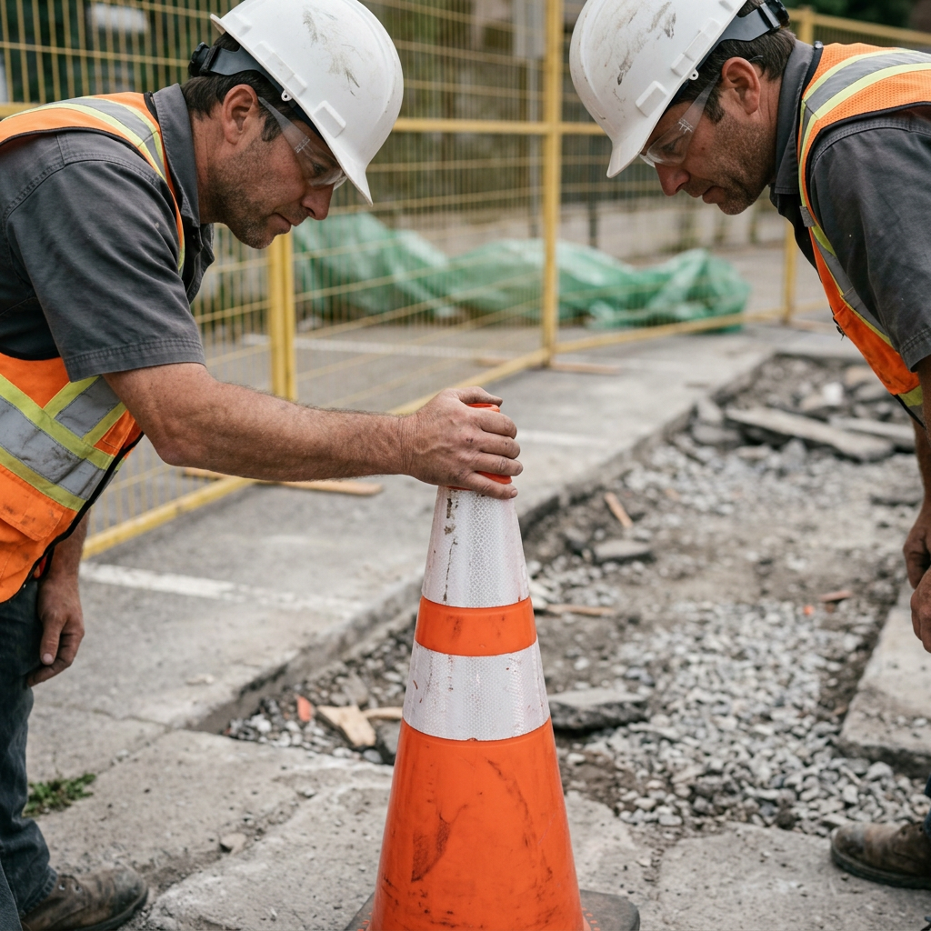 Supervisor positioning a reflective traffic cone on concrete