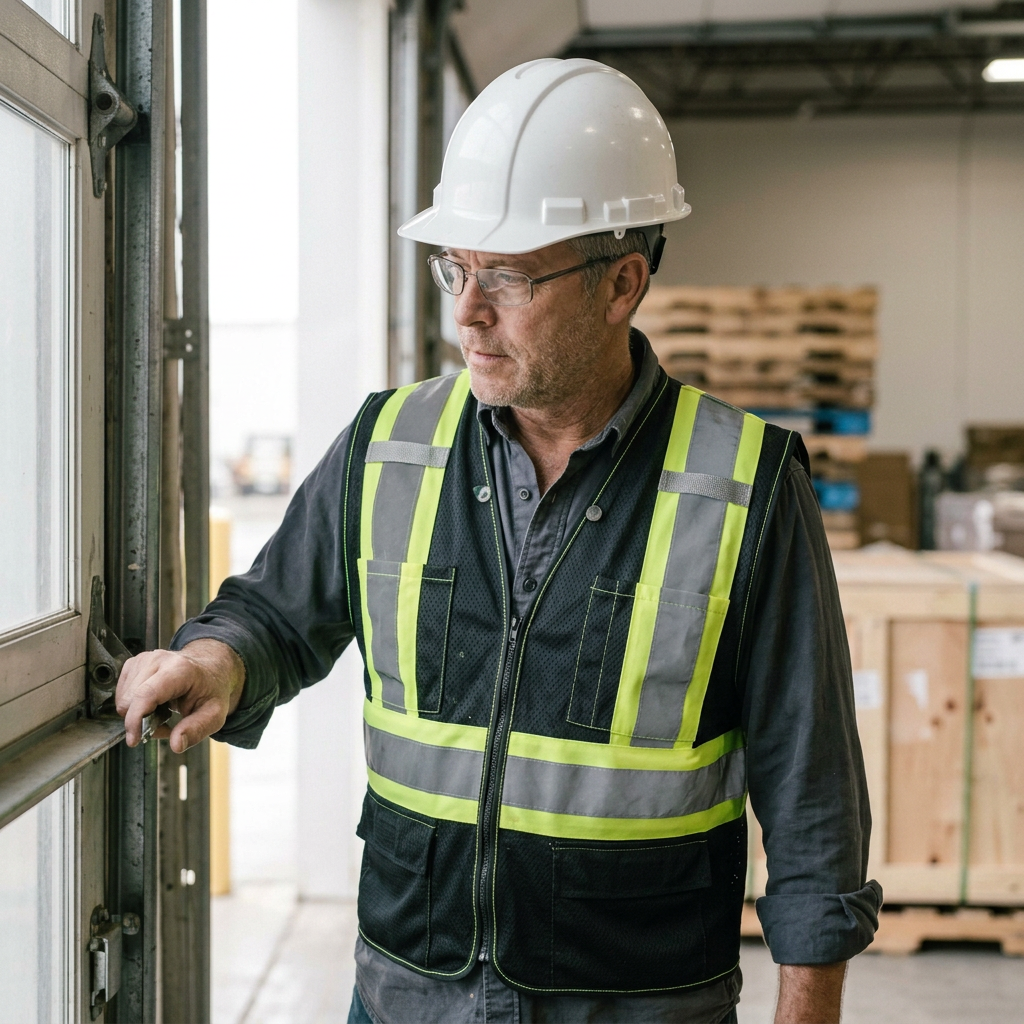 Warehouse coordinator wearing a high-visibility vest at a loading dock