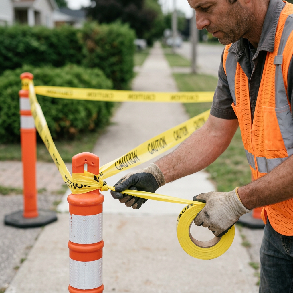 Contractor installing barricade tape around a sidewalk repair area