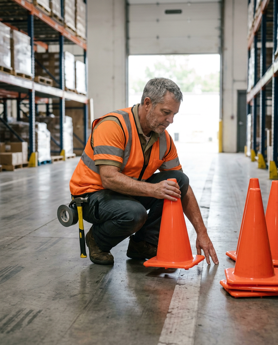 Facility worker setting up a traffic cone beside a warehouse walkway