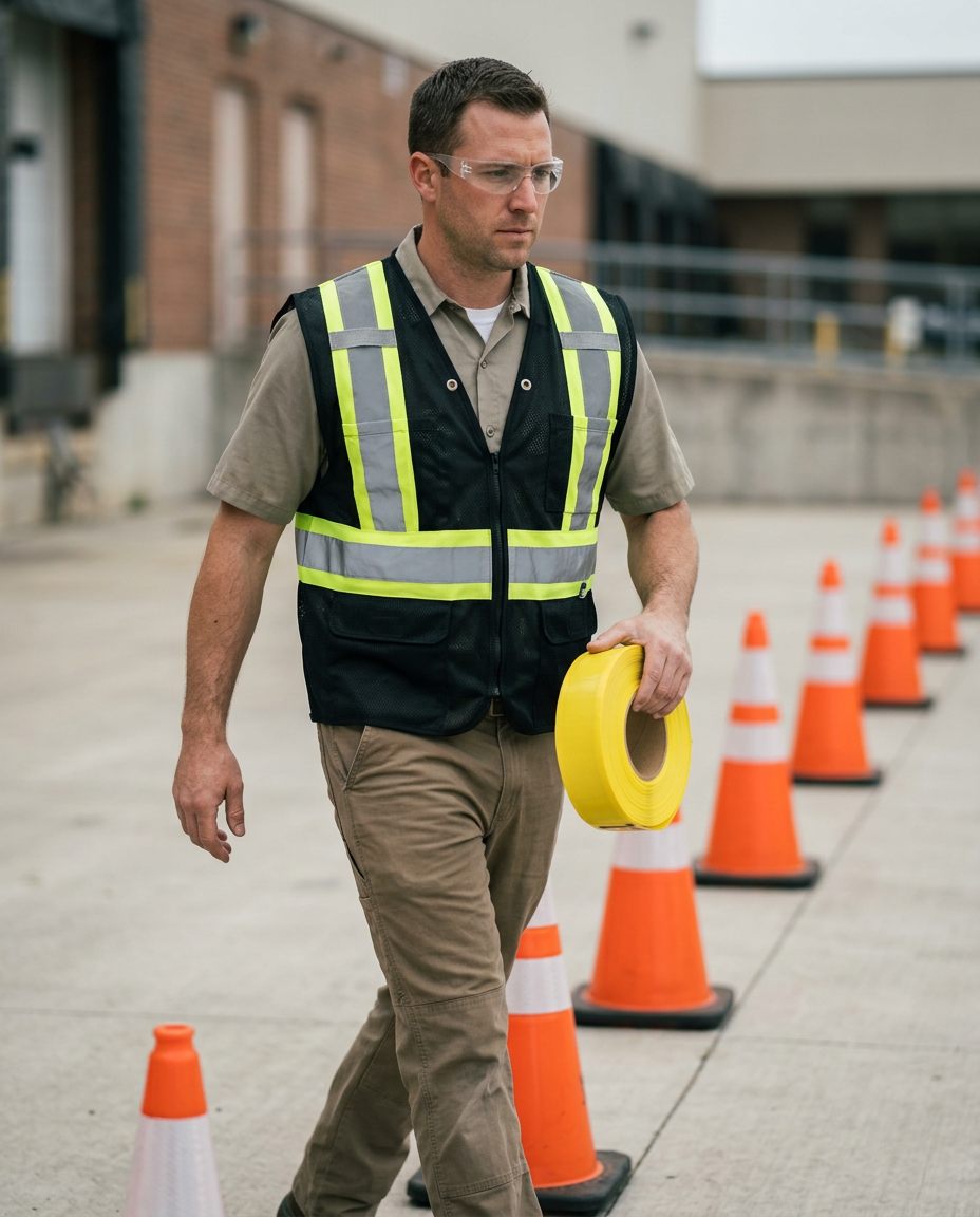 Contractor in a high-visibility vest checking a cone-marked work area