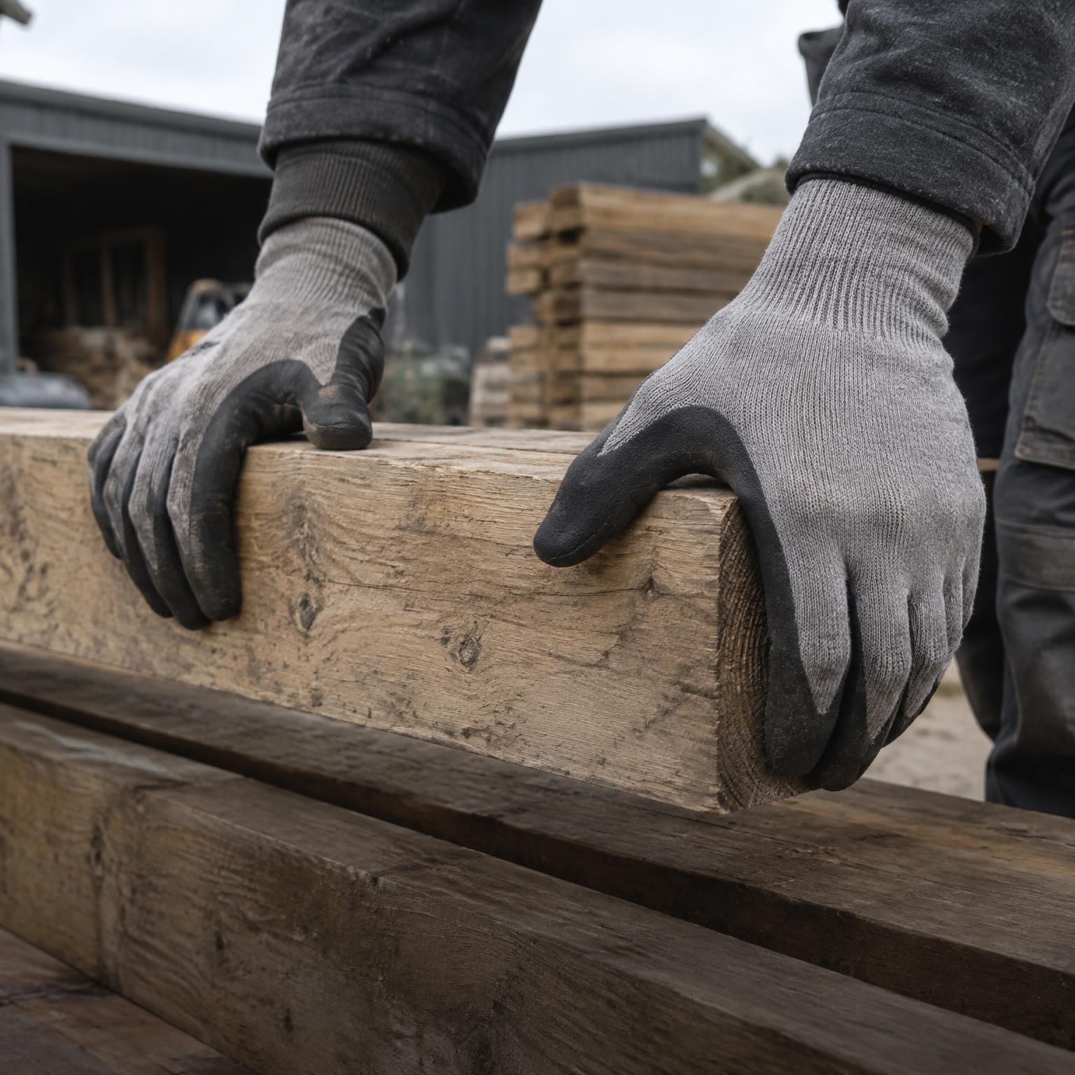 Grey knit work gloves with black coated palms gripping a timber beam