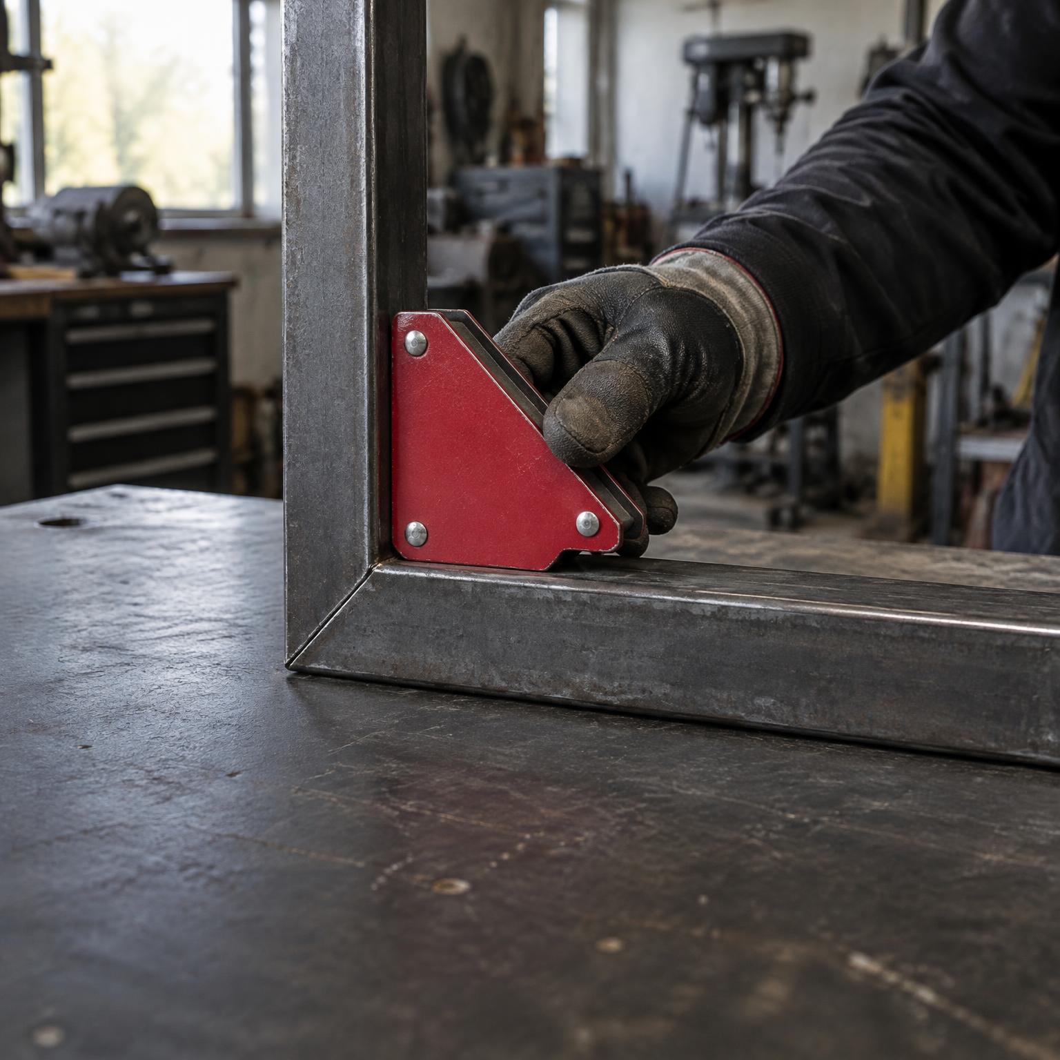 Fabricator positioning a red welding magnet to hold steel tubes at a right angle