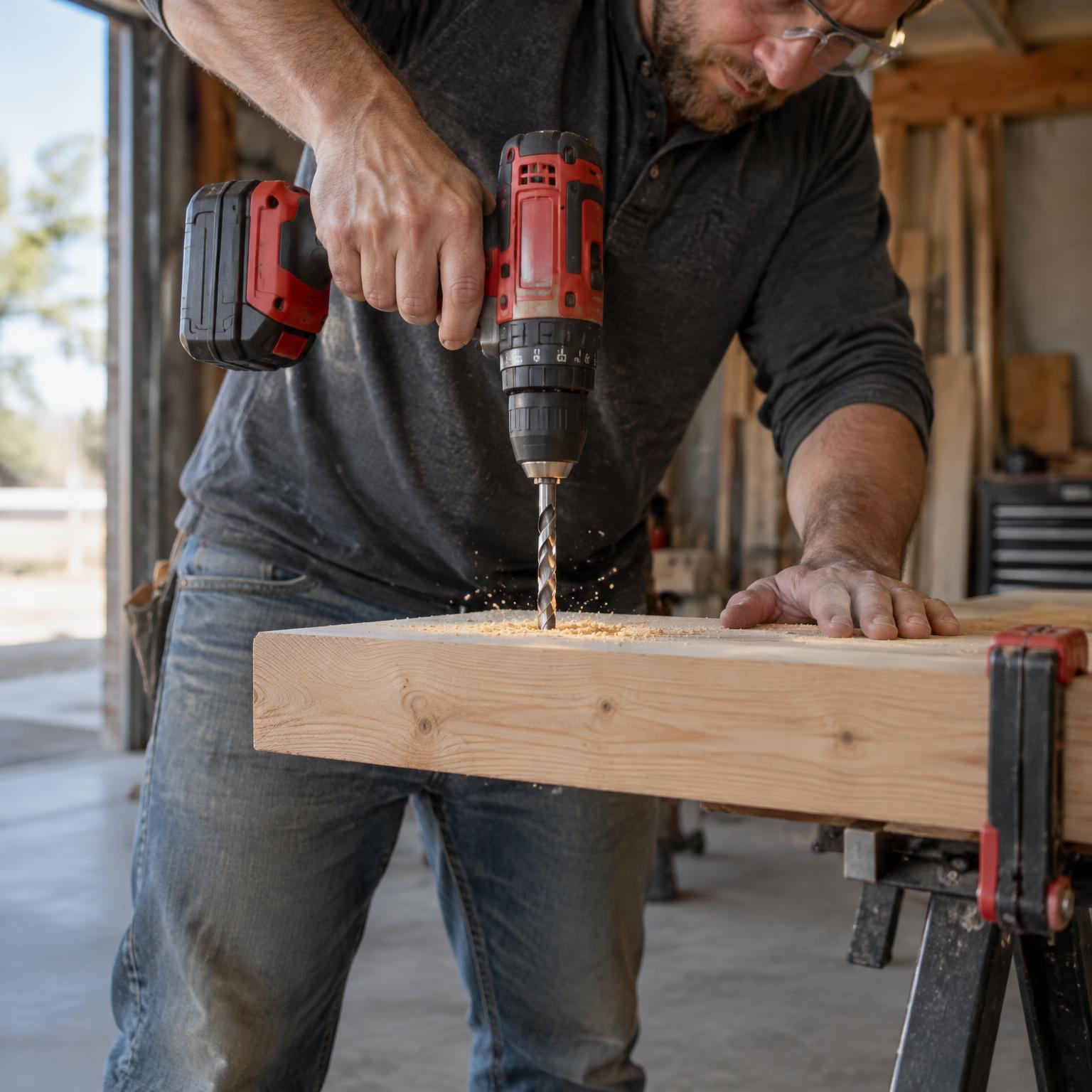 Carpenter drilling into clamped timber with a red cordless drill and spiral drill bit