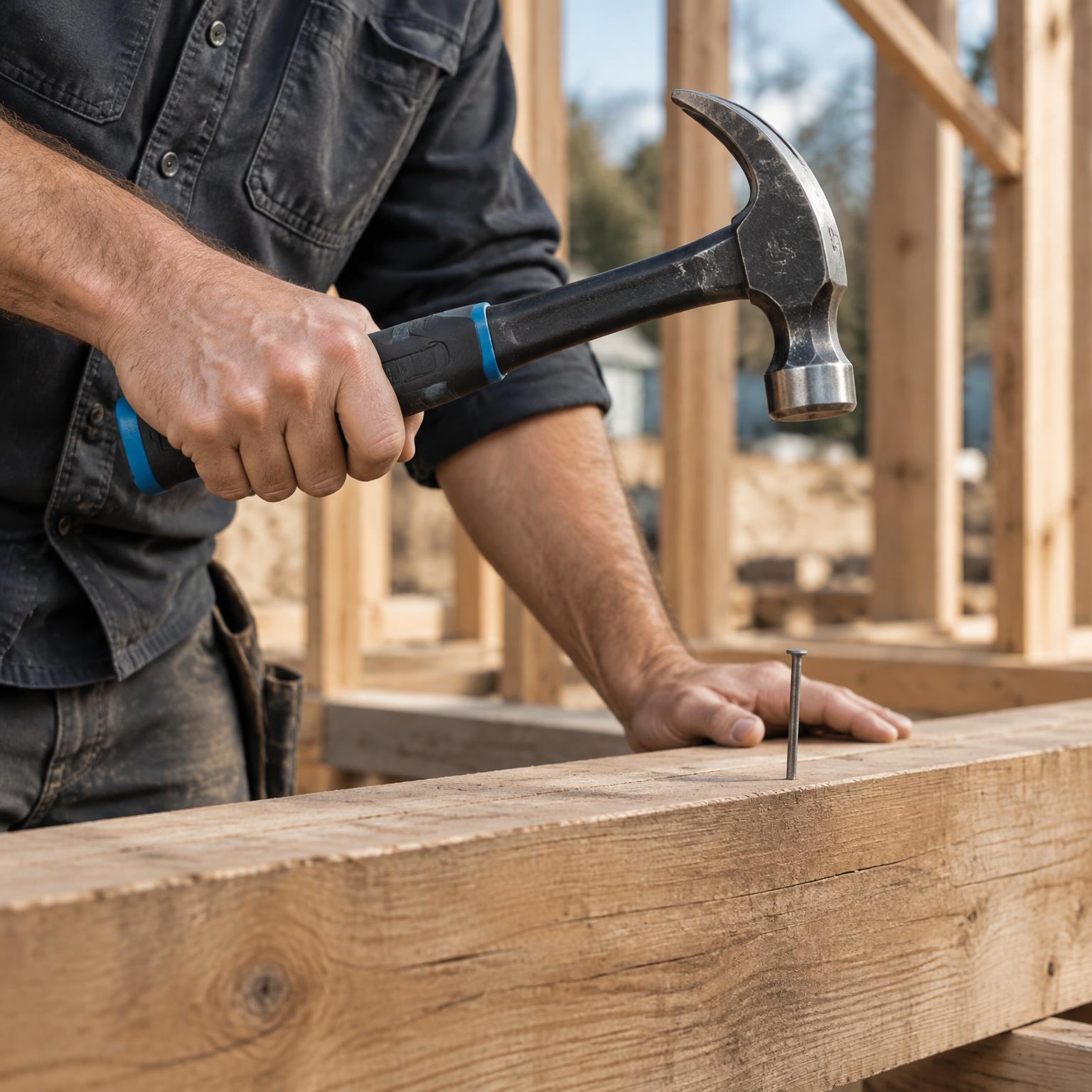Carpenter using a blue-trimmed claw hammer to drive a nail into timber framing