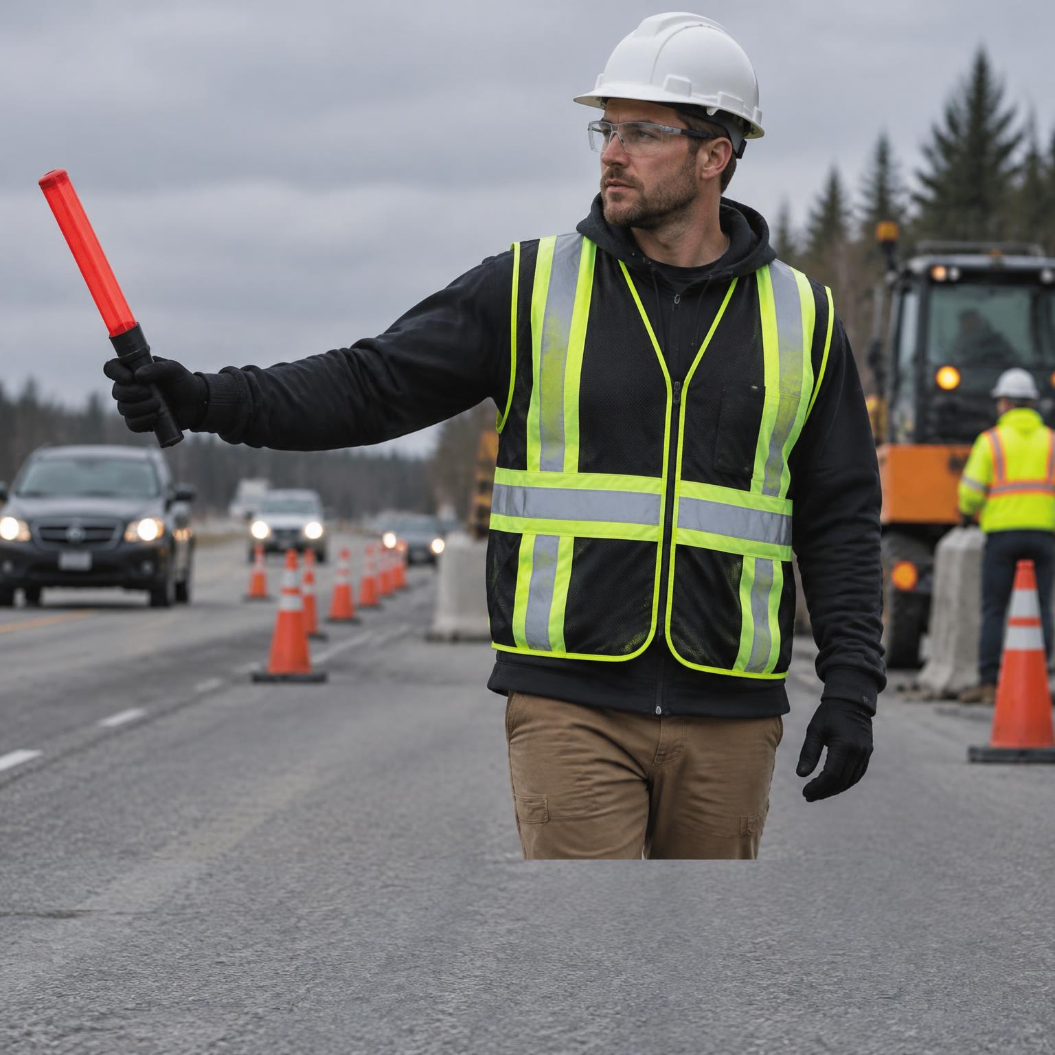 Road worker wearing a reflective safety vest and holding a red traffic baton