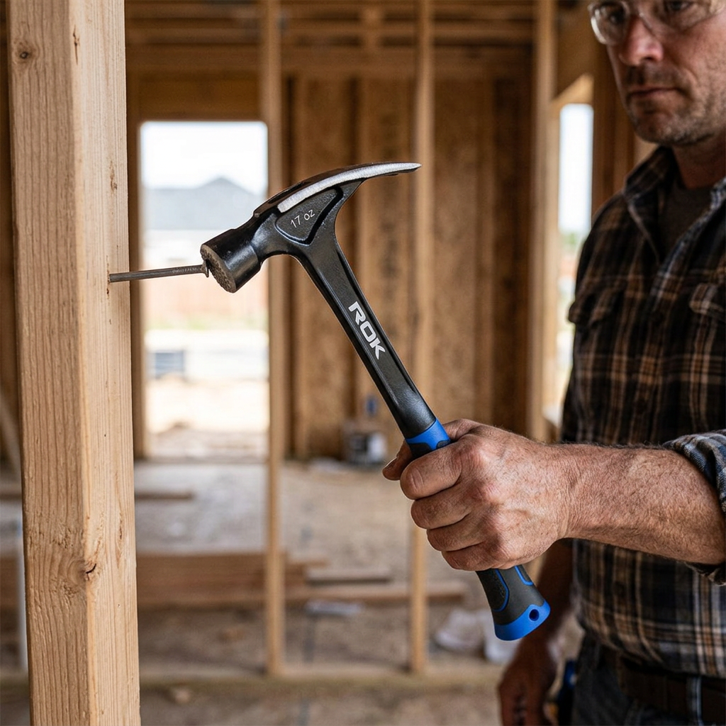 Carpenter driving a nail into a timber stud with a framing hammer