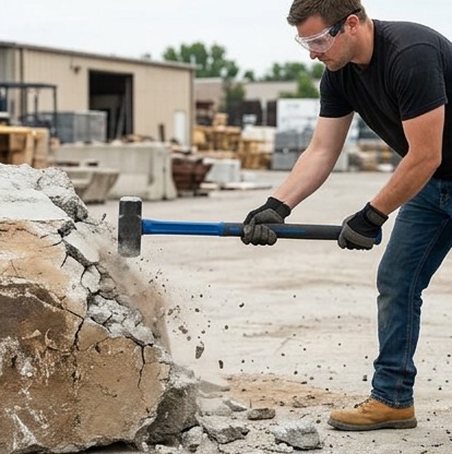 Contractor breaking old concrete with a sledgehammer