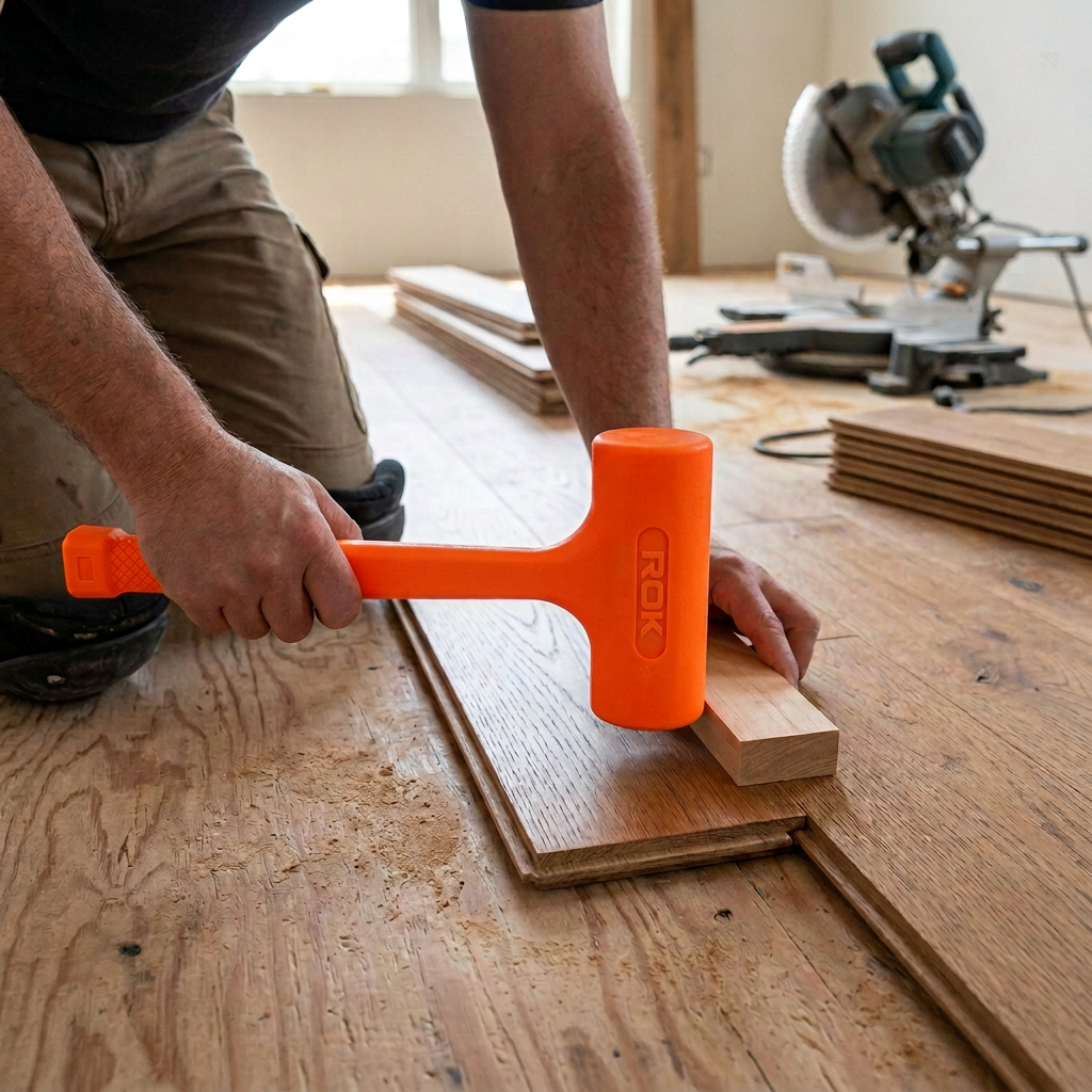 Flooring installer tapping an engineered hardwood plank into place with an orange dead blow hammer