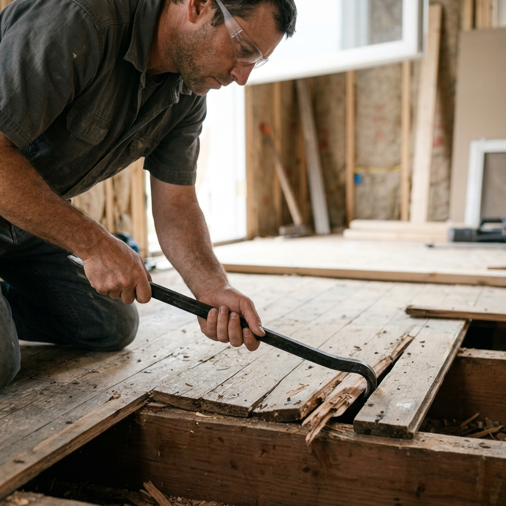 Wrecking bar lifting floorboards during renovation
