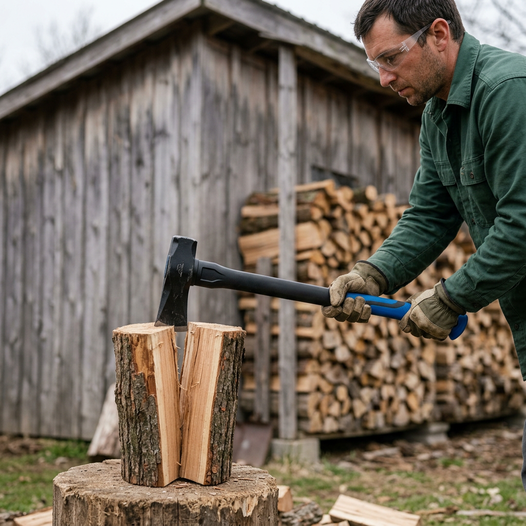 Worker splitting firewood with a maul