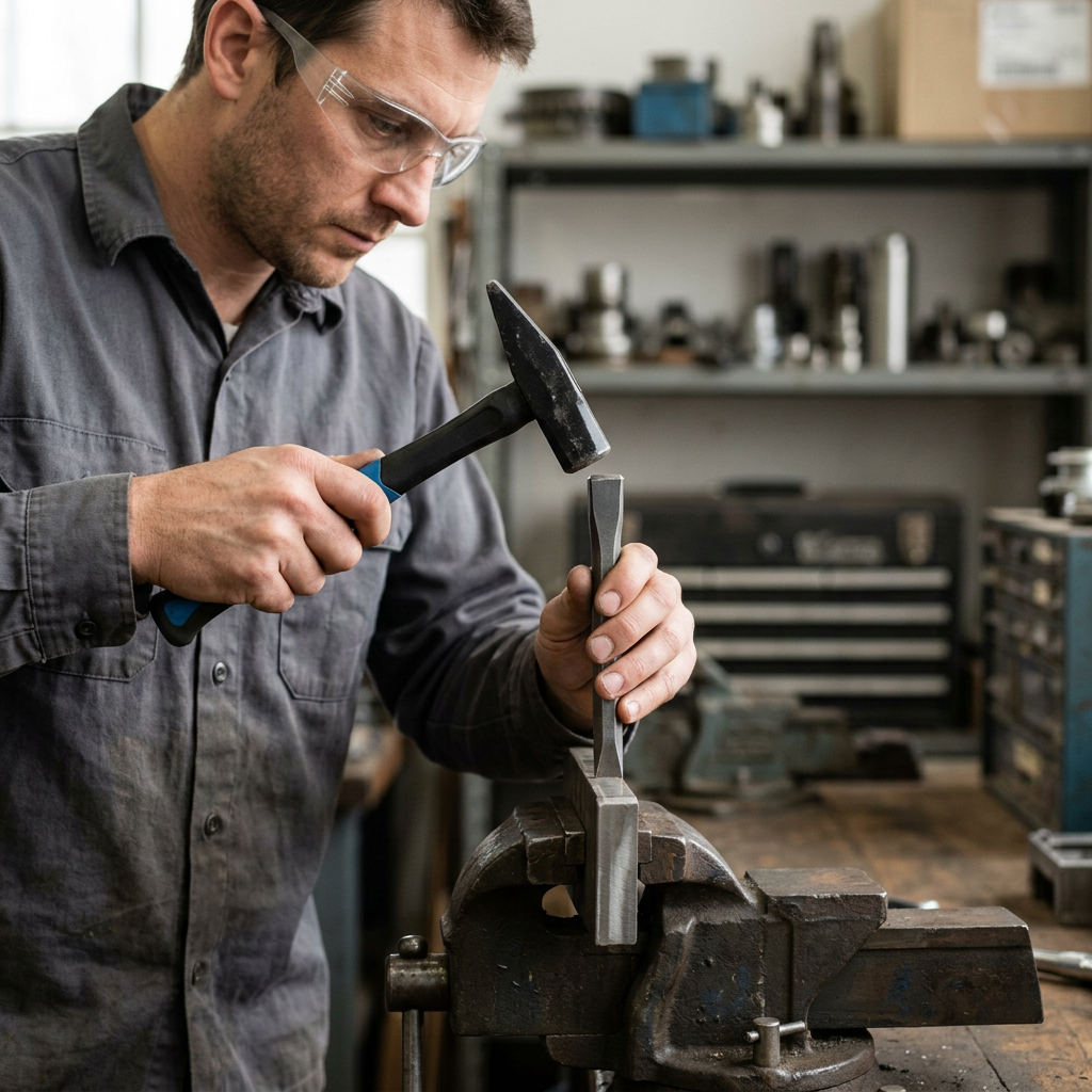 Worker using a hammer and cold chisel on metal secured in a vise