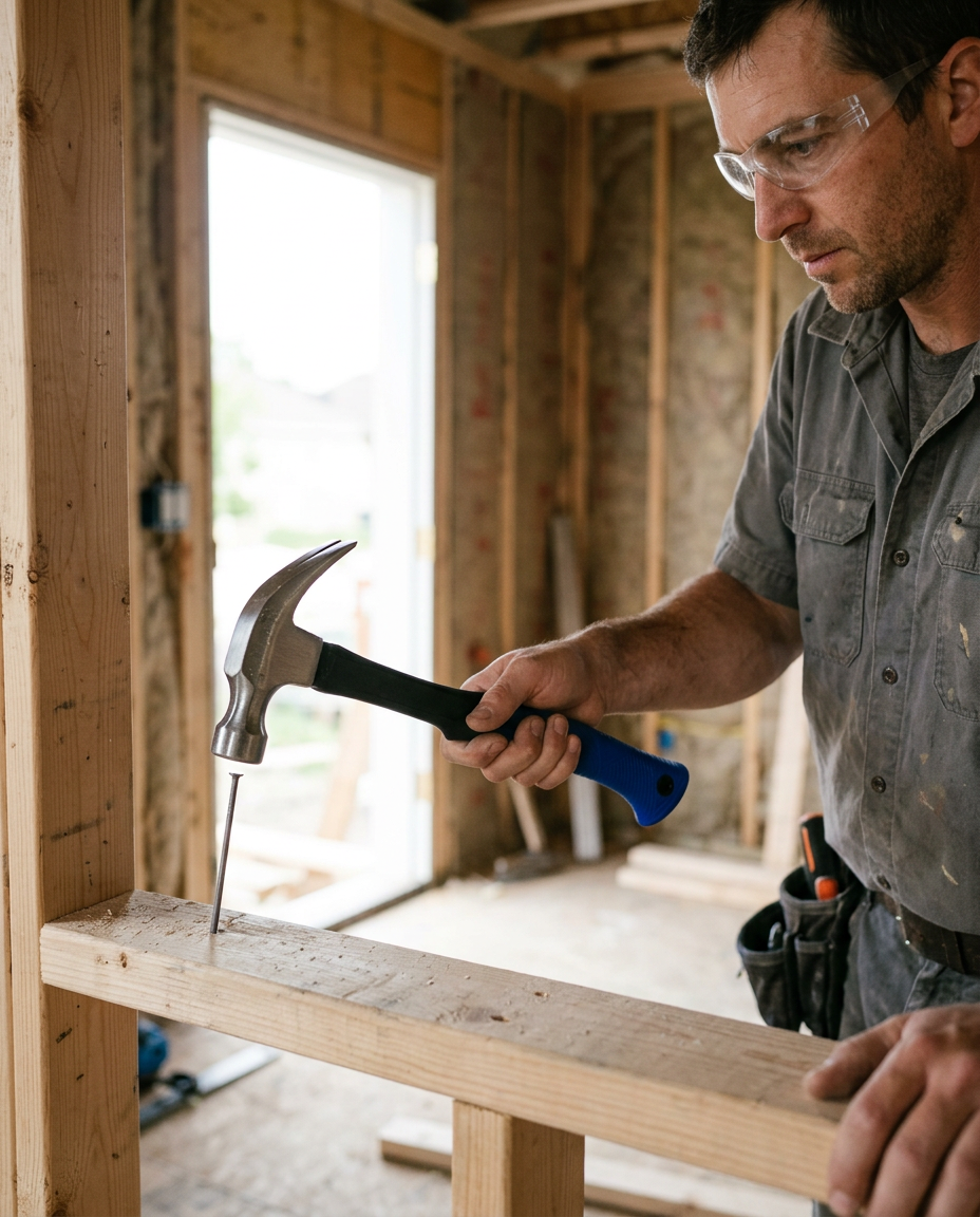 Carpenter using a blue-handled claw hammer to drive a nail into timber framing