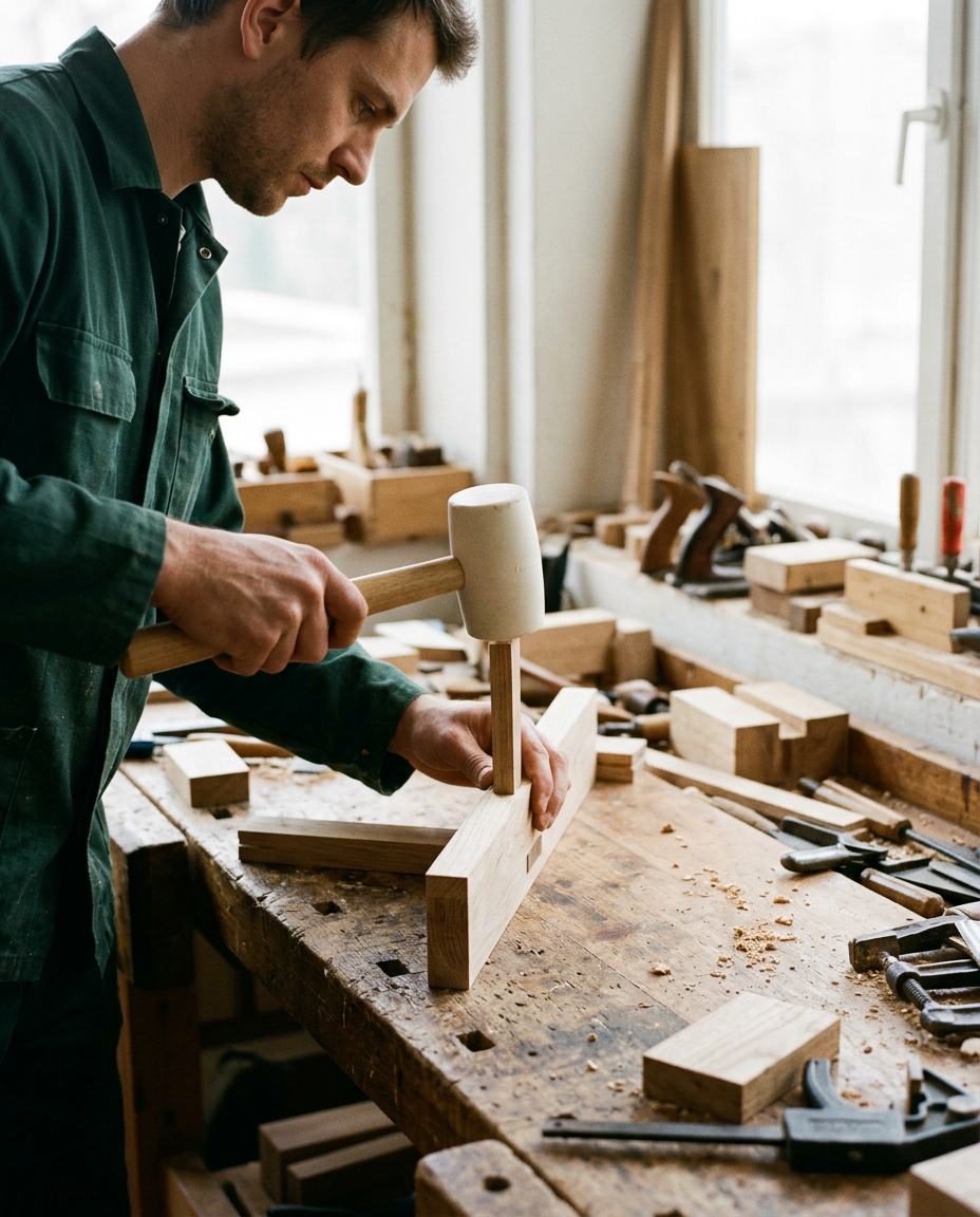 Woodworker using a white rubber mallet with a wooden handle to seat a furniture joint