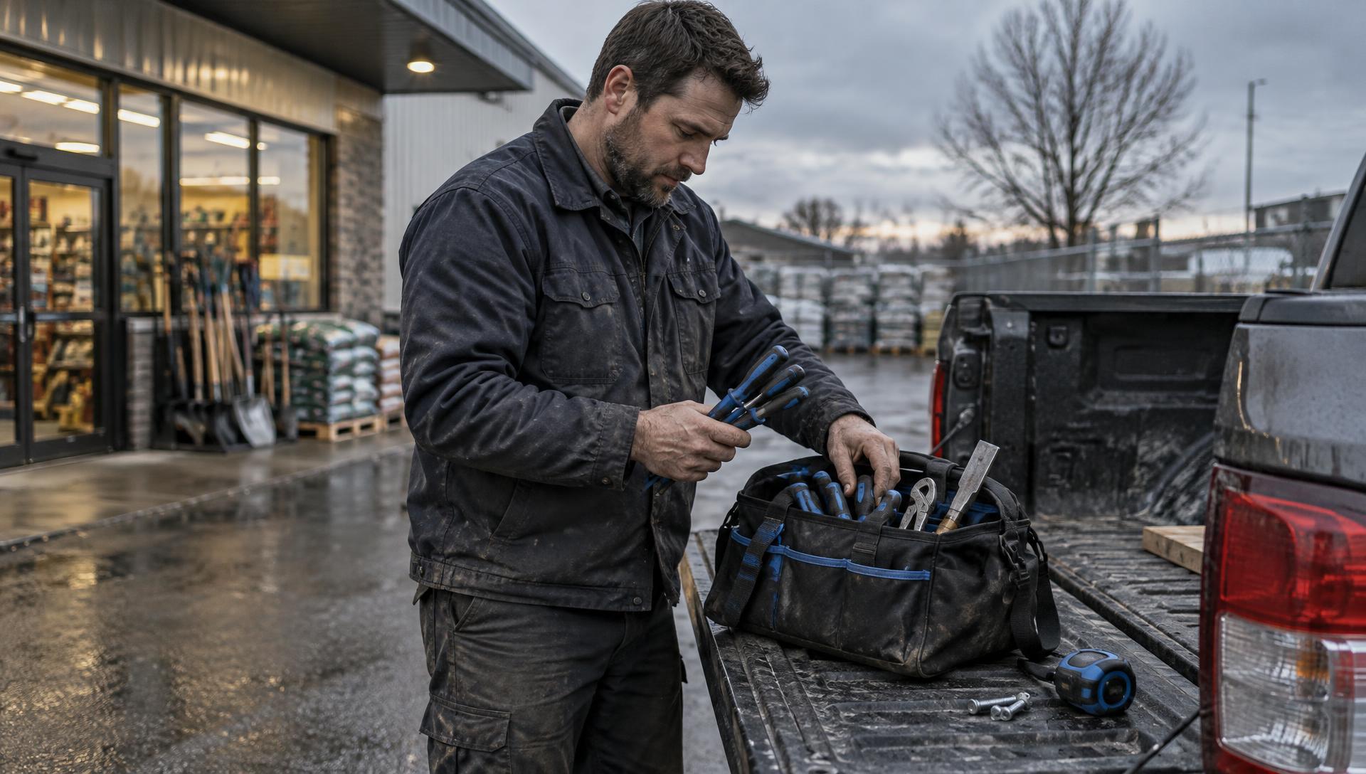Contractor packing blue-handled hand tools into a tool bag at the tailgate of a truck outside a hardware store